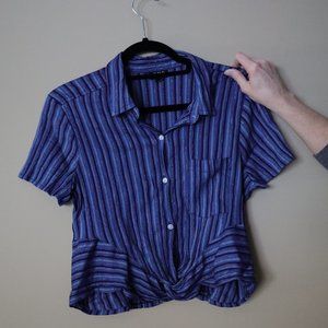 a.n.a Blue Striped Cropped Button-down Blouse with Twist Front